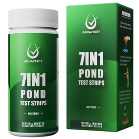 Bottle cap and 50 strips ready for pond care routines.