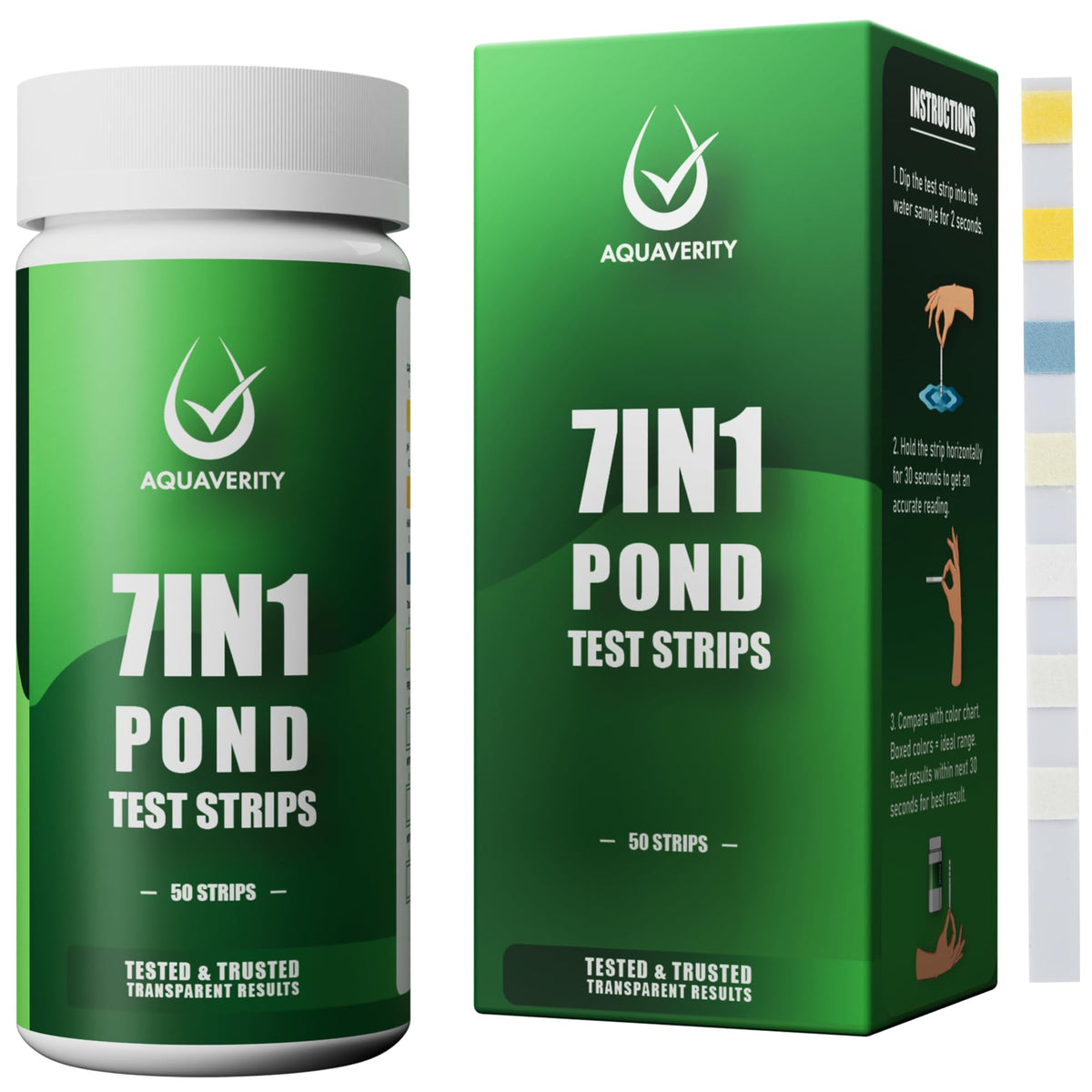 AQUAVERITY 7-in-1 pond test strip being dipped for quick readings.