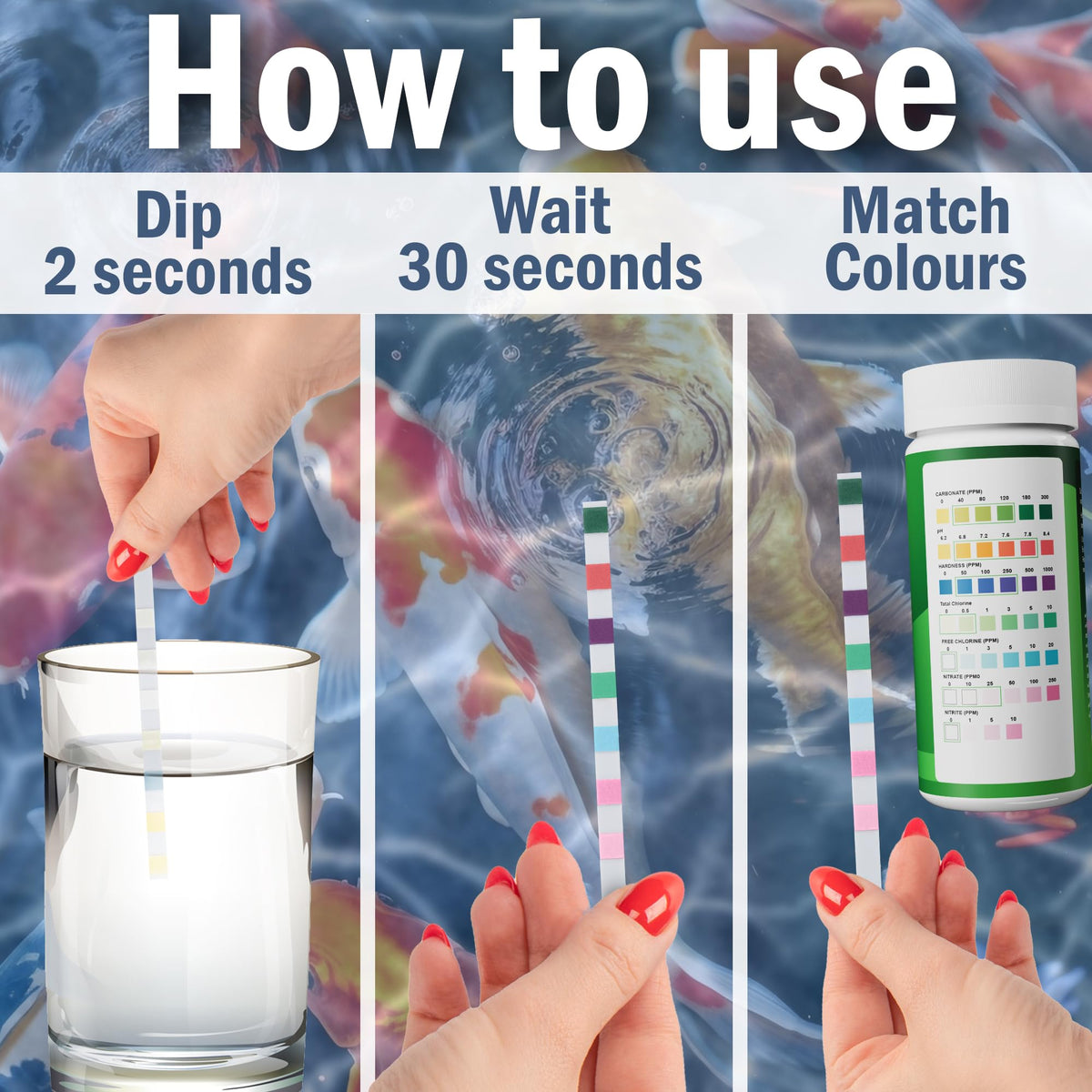 Resealable bottle of AQUAVERITY pond test strips with 50 strips.