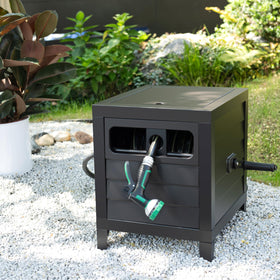 AQUAZILLA deck box in a garden scene, ready for easy hose access