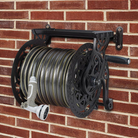 AQUAZILLA decorative garden hose reel design blends with outdoor décor.