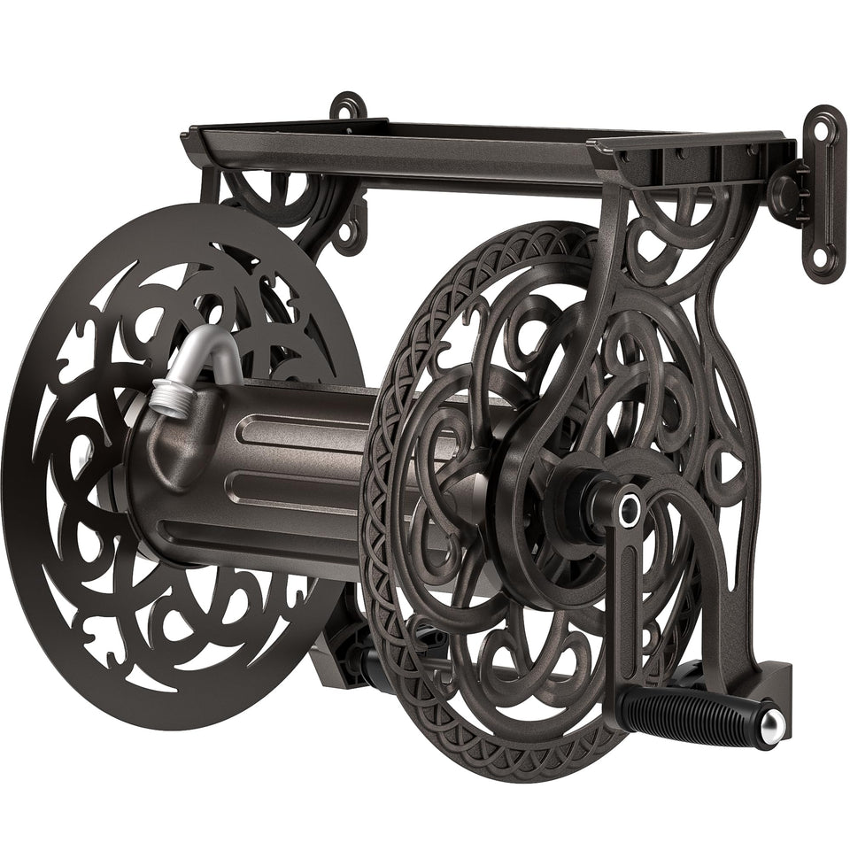 AQUAZILLA garden hose reel wall mount in dark bronze for organized outdoor spaces.