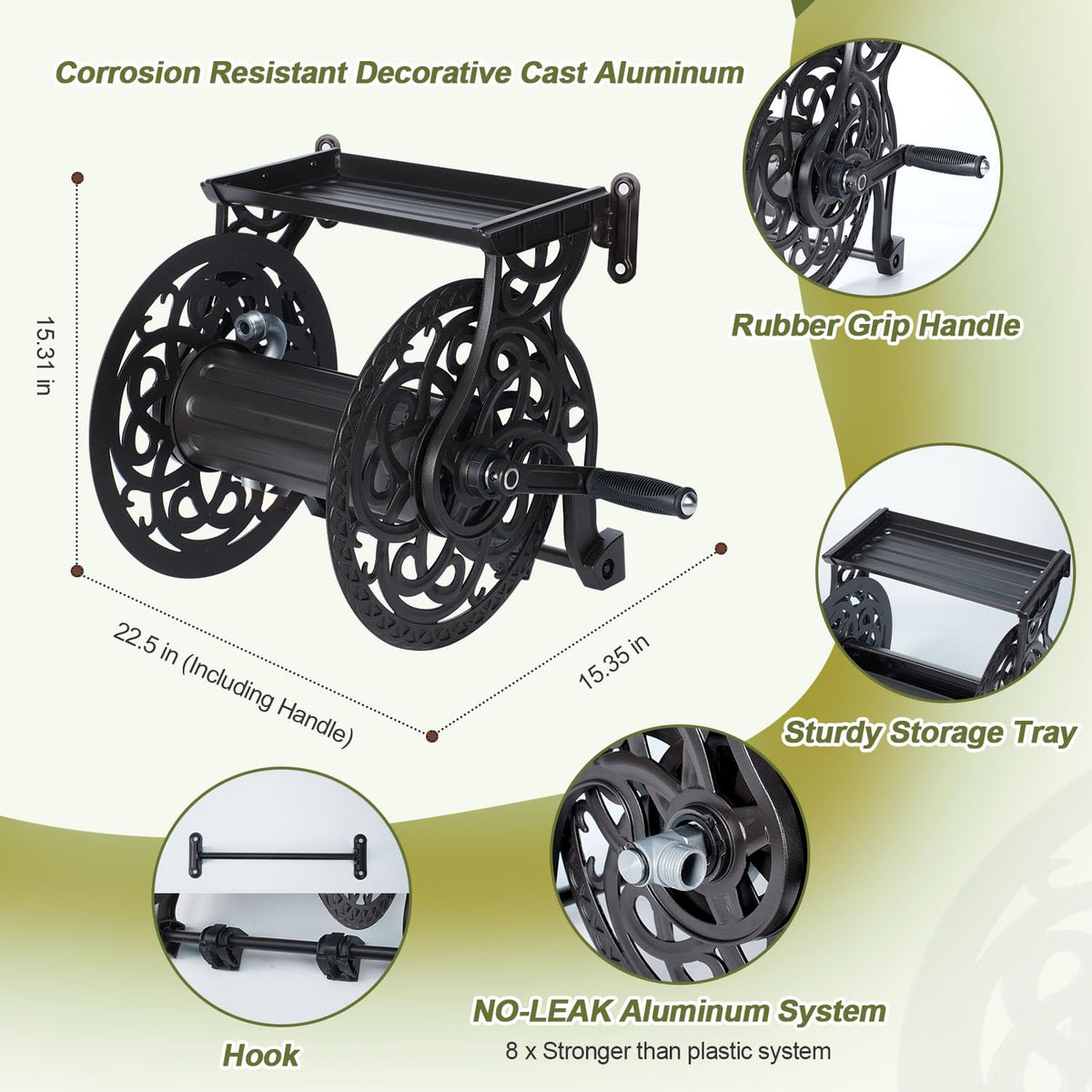 AQUAZILLA heavy-duty aluminum frame holds 135 ft of 5/8-inch hose for long runs.