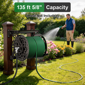 AQUAZILLA hose reel shows 135 ft capacity to tidy long hoses.