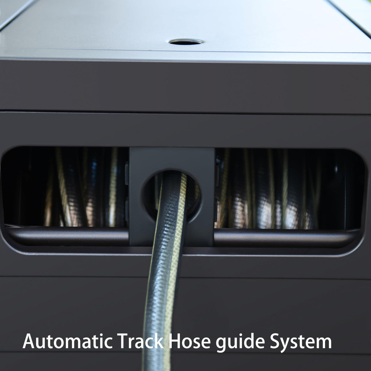 AQUAZILLA hose storage deck box side detail with concealed hose capacity