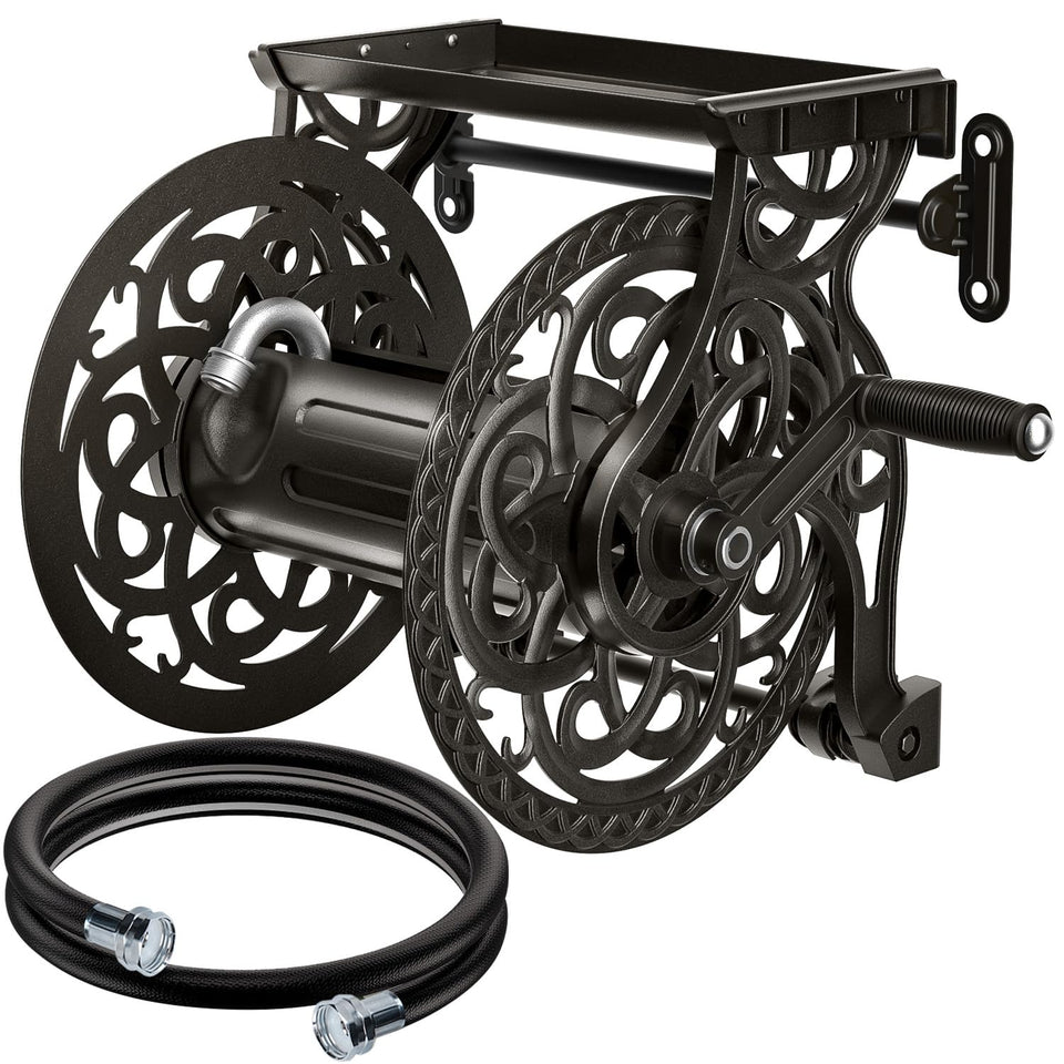 AQUAZILLA wall-mount hose reel in dark bronze saves space and organizes hoses.
