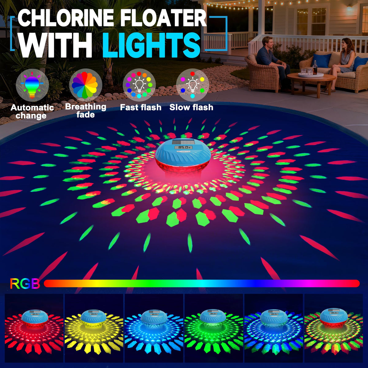 AquClor adjustable-release floater allows precise chlorine dosing from the base.