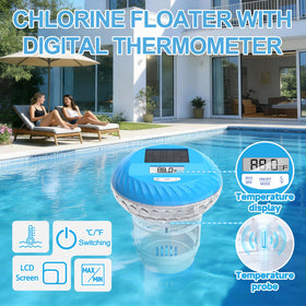 AquClor floating unit with digital screen shows temperature in Celsius or Fahrenheit.