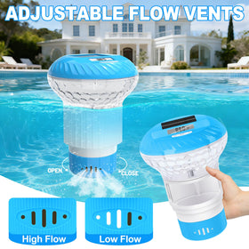 AquClor chlorine-dispensing floater with visual restock cue when disks deplete.