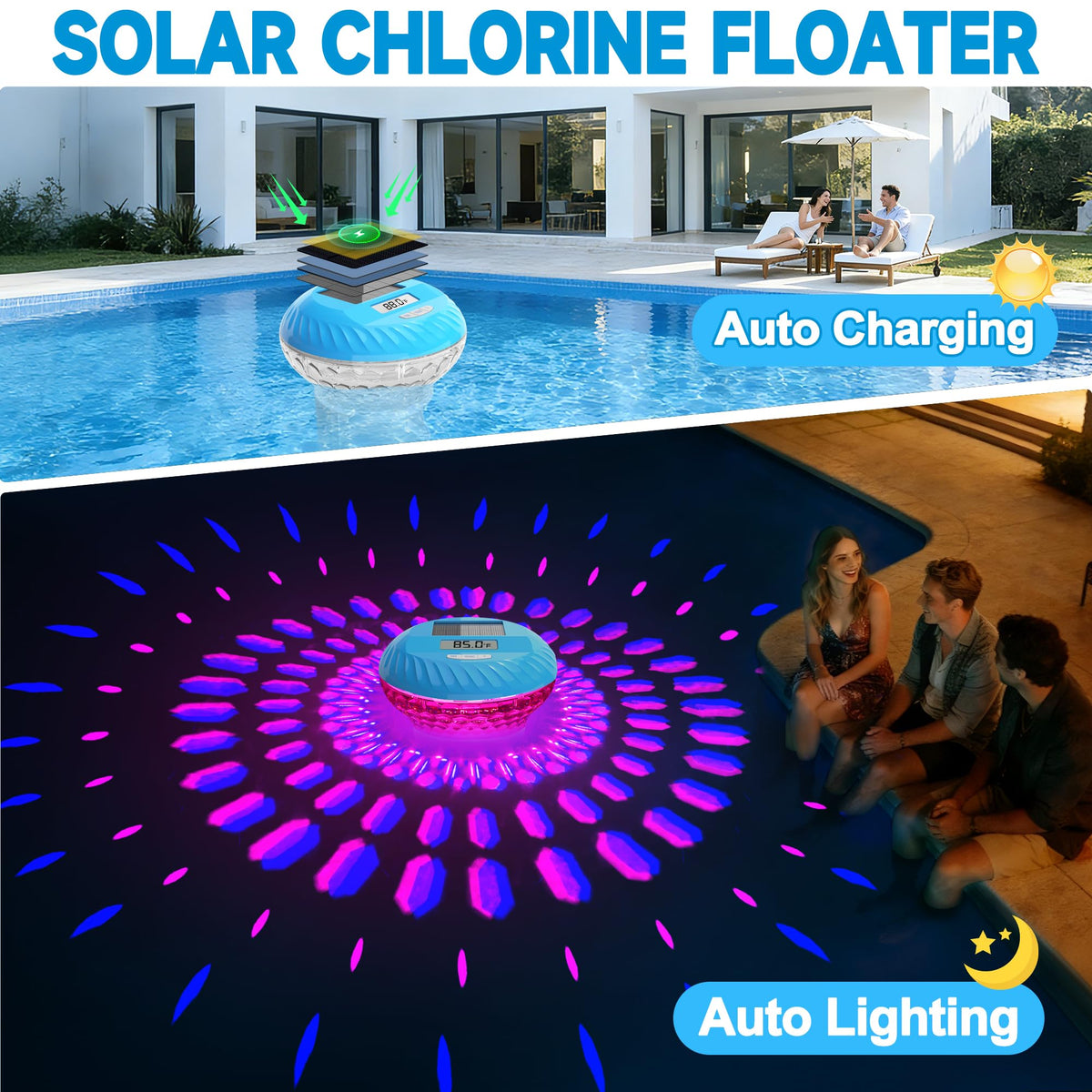 AquClor solar-light floater illuminates pool at night for ambience and visibility.