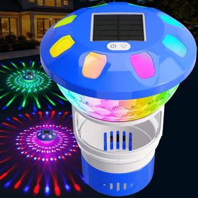 AquClor chlorine floater with light floats in pool, adding nighttime ambiance and gentle illumination.