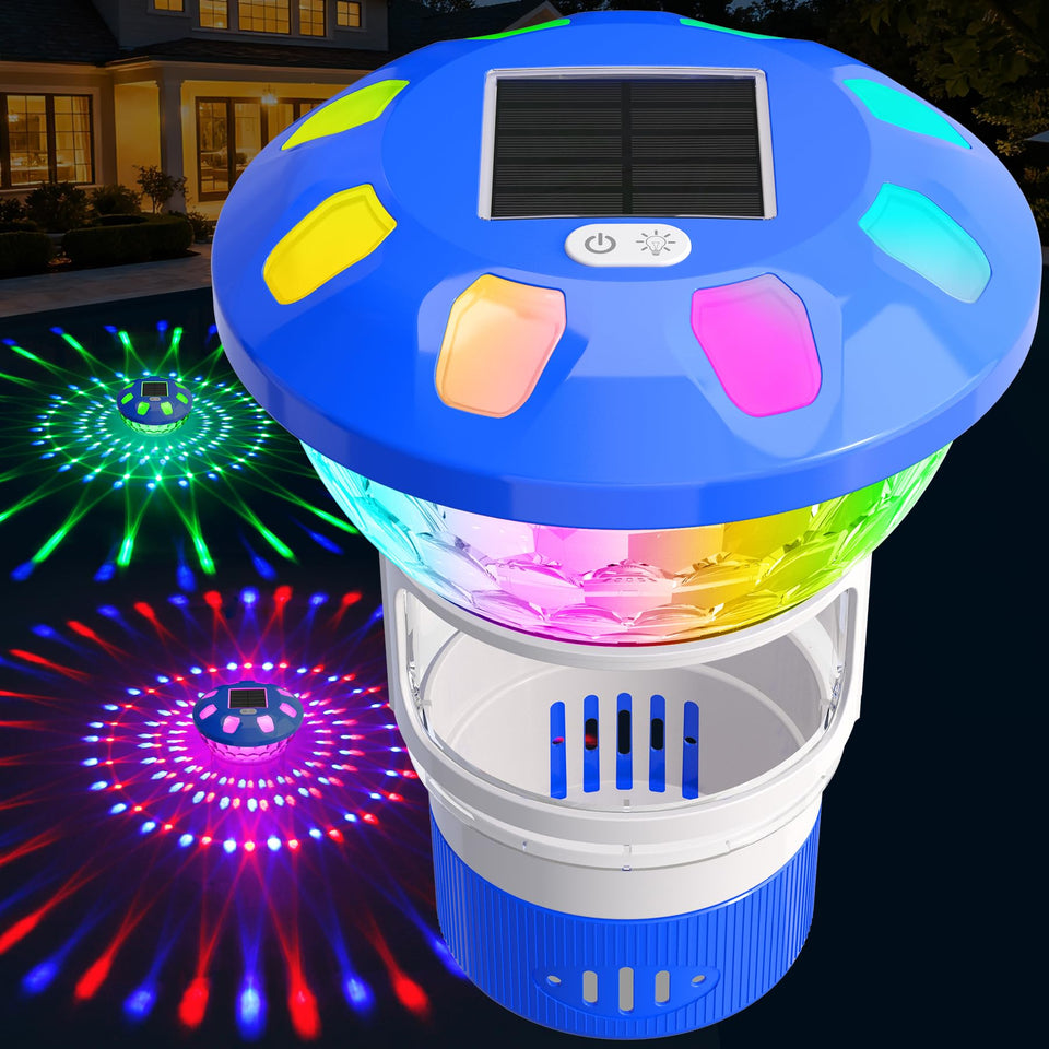 AquClor chlorine floater with light floats in pool, adding nighttime ambiance and gentle illumination.