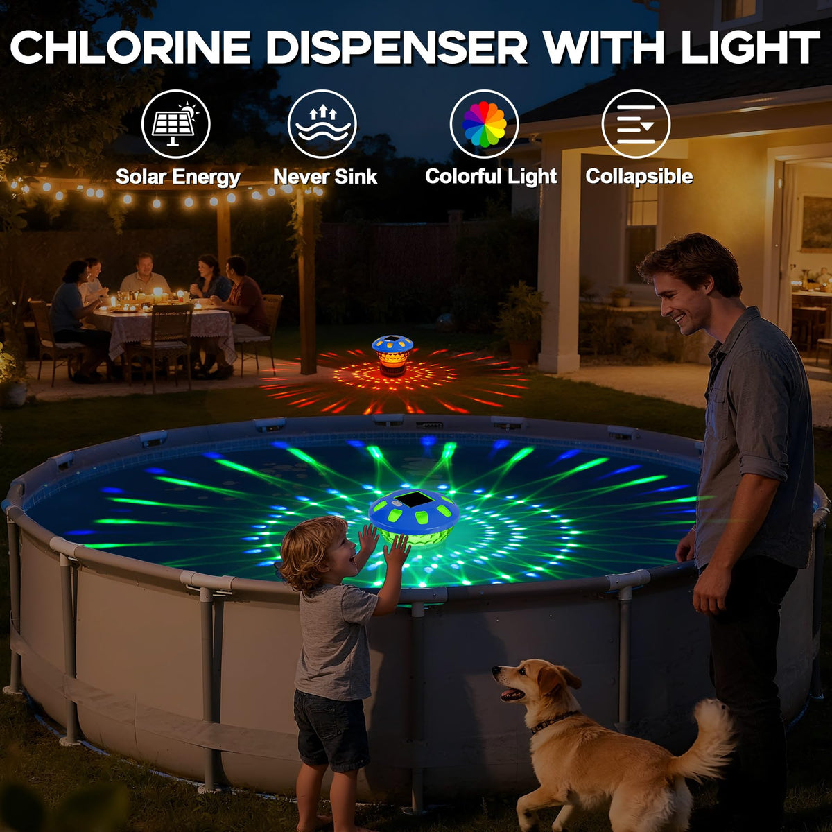 AquClor solar pool floater doubles as decorative light on pool decks at night.