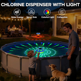 AquClor solar pool floater doubles as decorative light on pool decks at night.