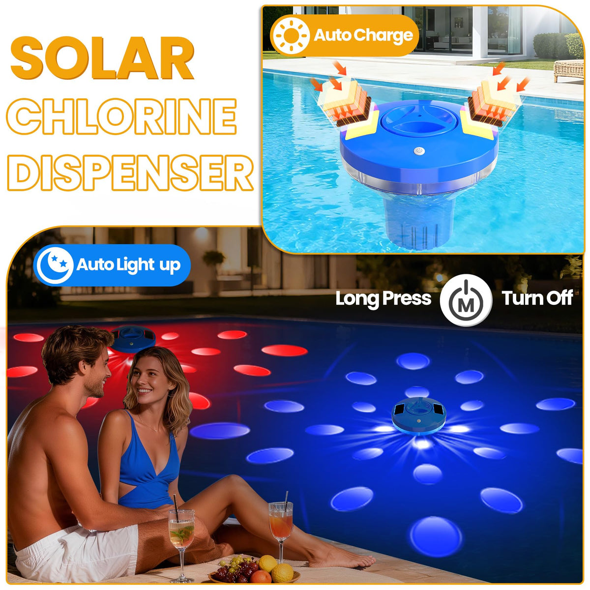 AquClor solar-powered chlorine floater with colorful lights for night visibility.