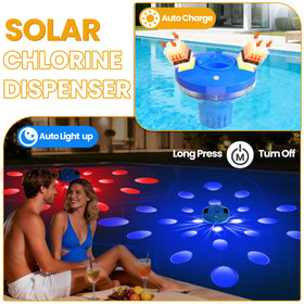AquClor solar-powered chlorine floater with colorful lights for night visibility.