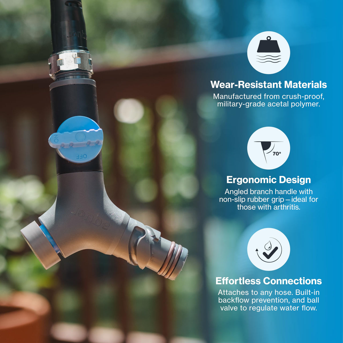 Aquor Comfort Grip VB hose connector backflow vacuum breaker protects garden water system
