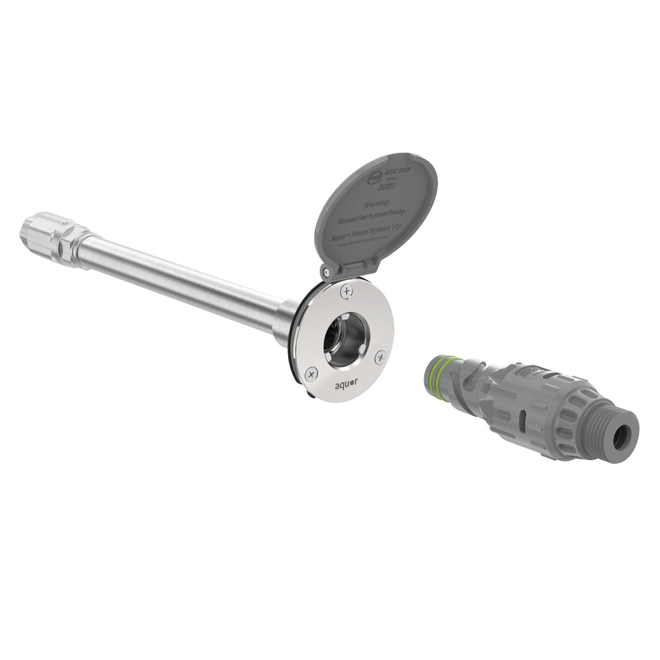 Aquor House Hydrant V1+ frost-free outdoor faucet with insulated wall integration.