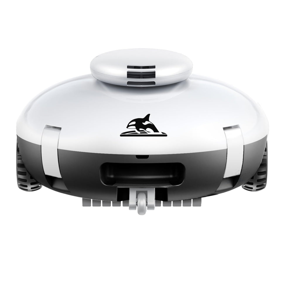AQUVII cordless robotic pool vacuum front view for easy above-ground pool cleaning
