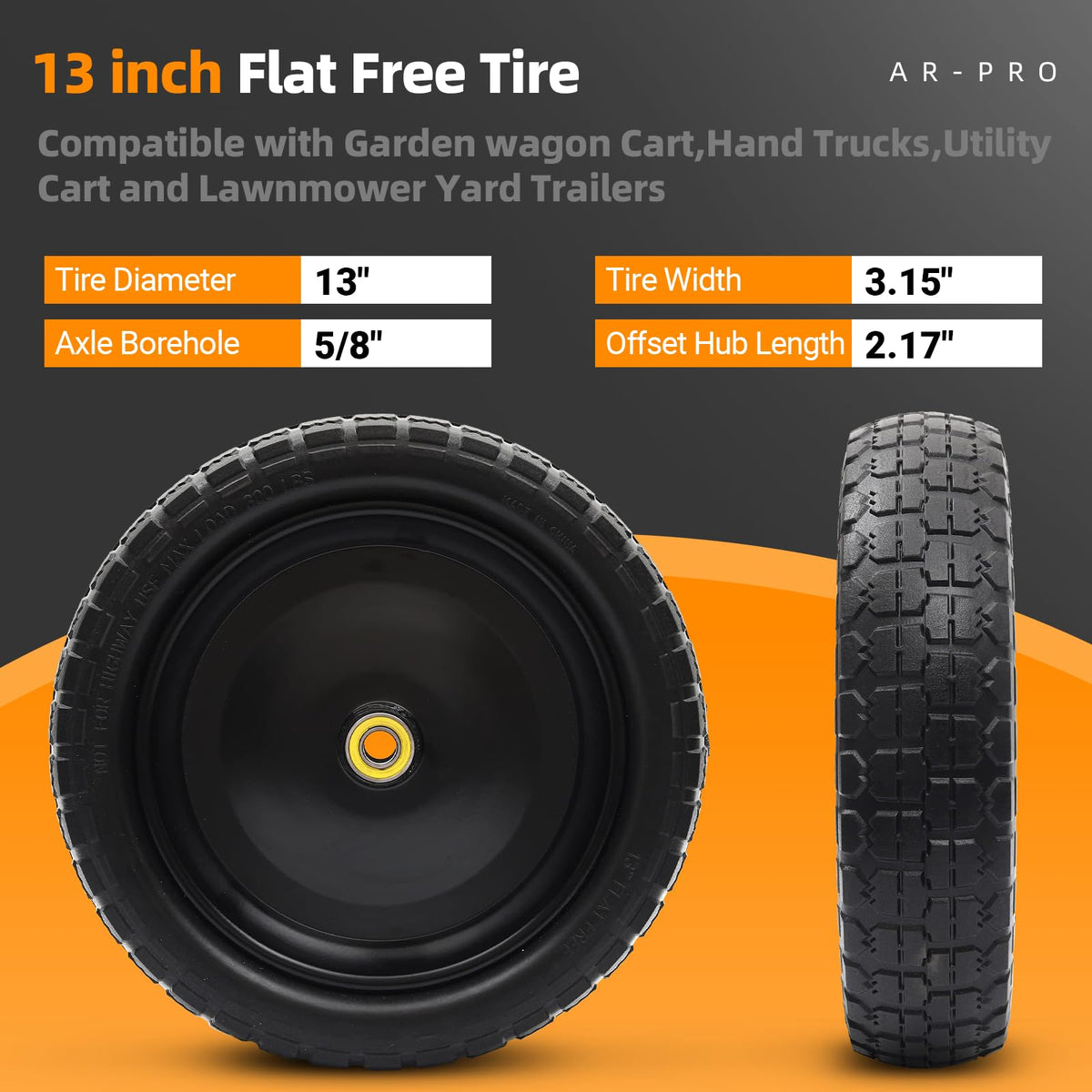 AR-PRO 13-inch wheel showing 5/8-inch axle bore for precise cart compatibility.