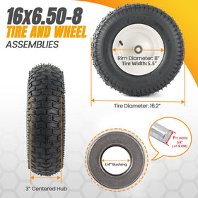 AR-PRO 16x6.50-8 tire on rim side profile highlights durable cushion over rough turf.