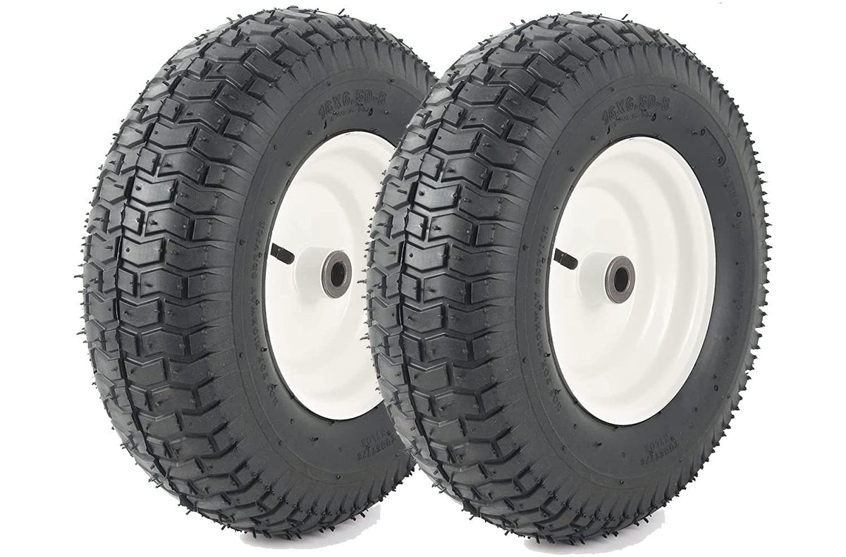 AR-PRO 2-pack 16x6.50-8 tire on rim front view for universal mower compatibility and smoother ride.
