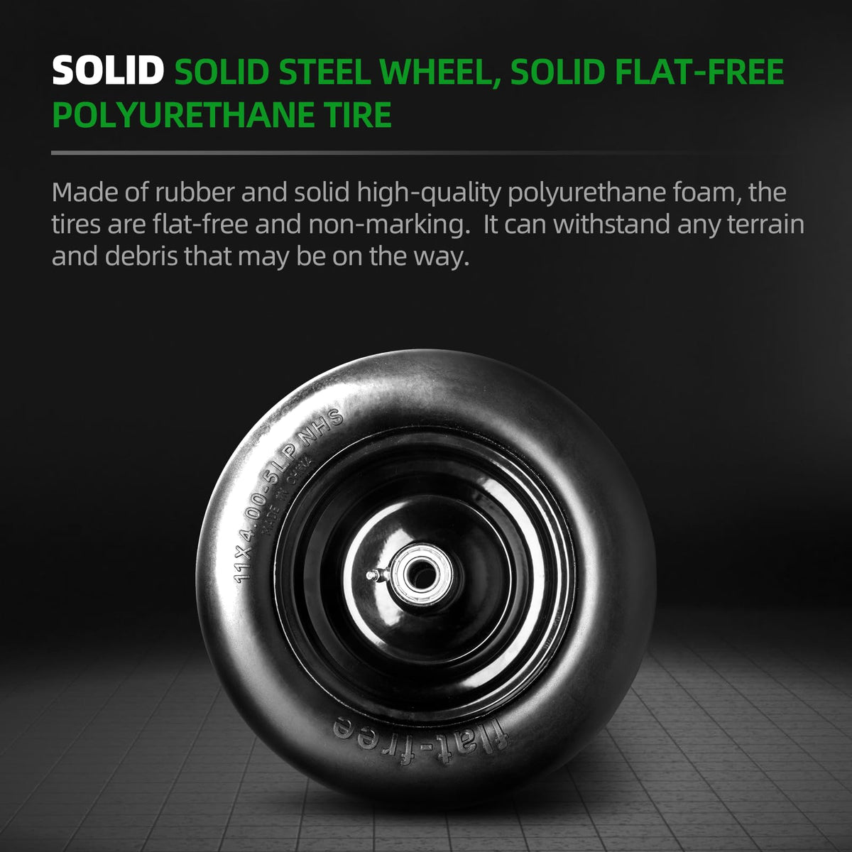 AR-PRO 300-pound load front wheel supports heavy mowers on uneven terrain