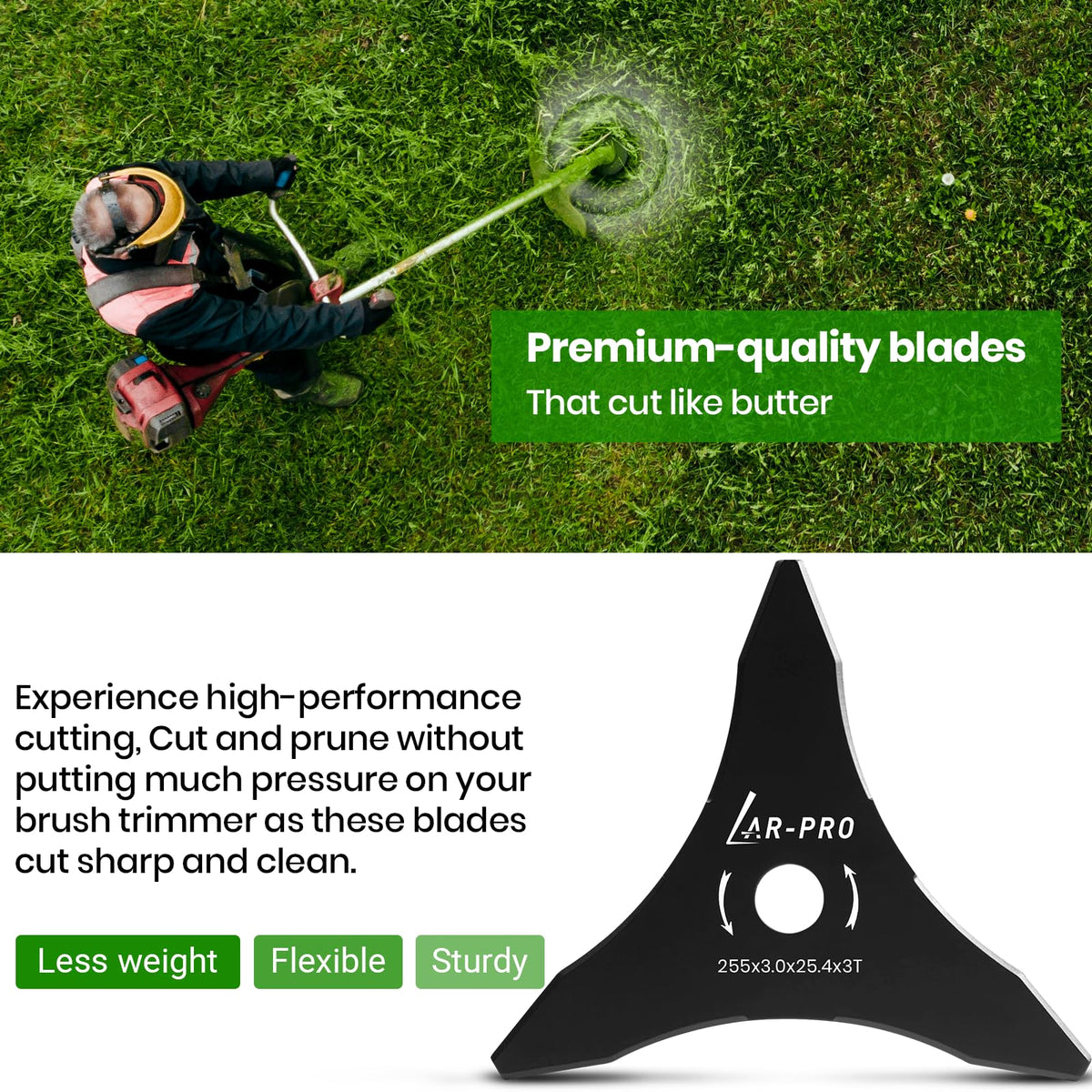 AR-PRO carbon steel blade delivers sharp cuts through brush.