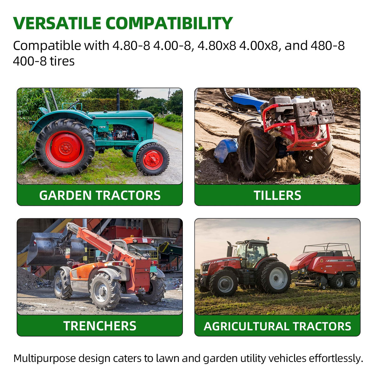 AR-PRO tires on lawn equipment showing broad compatibility.
