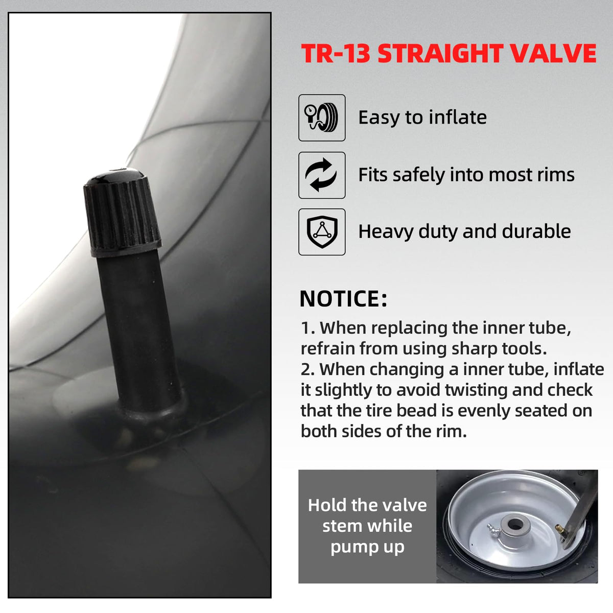 AR-PRO TR-13 straight valve stem detail for stable inflation