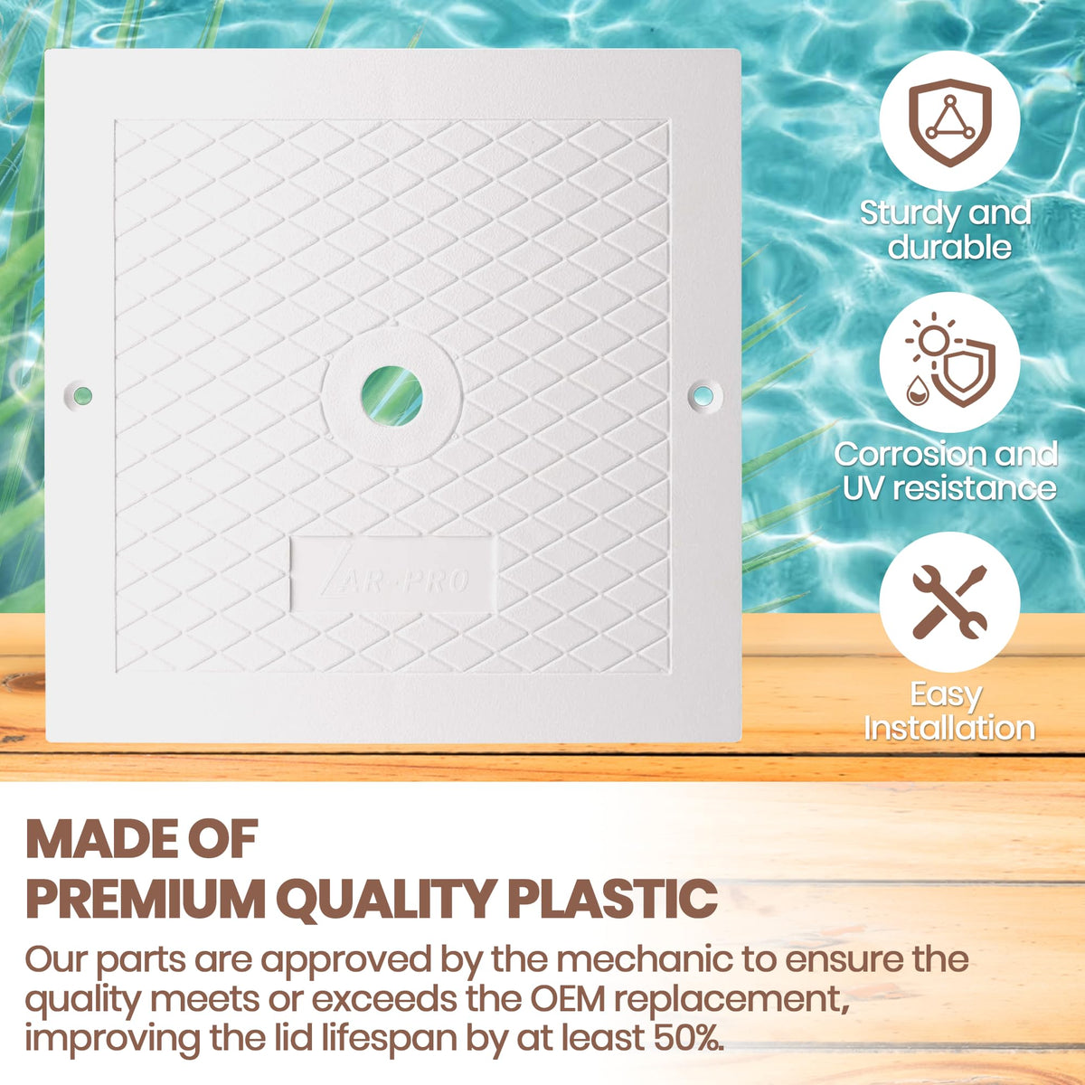 AR-PRO skimmer lid installation sample shows tool-free, fast replacement.