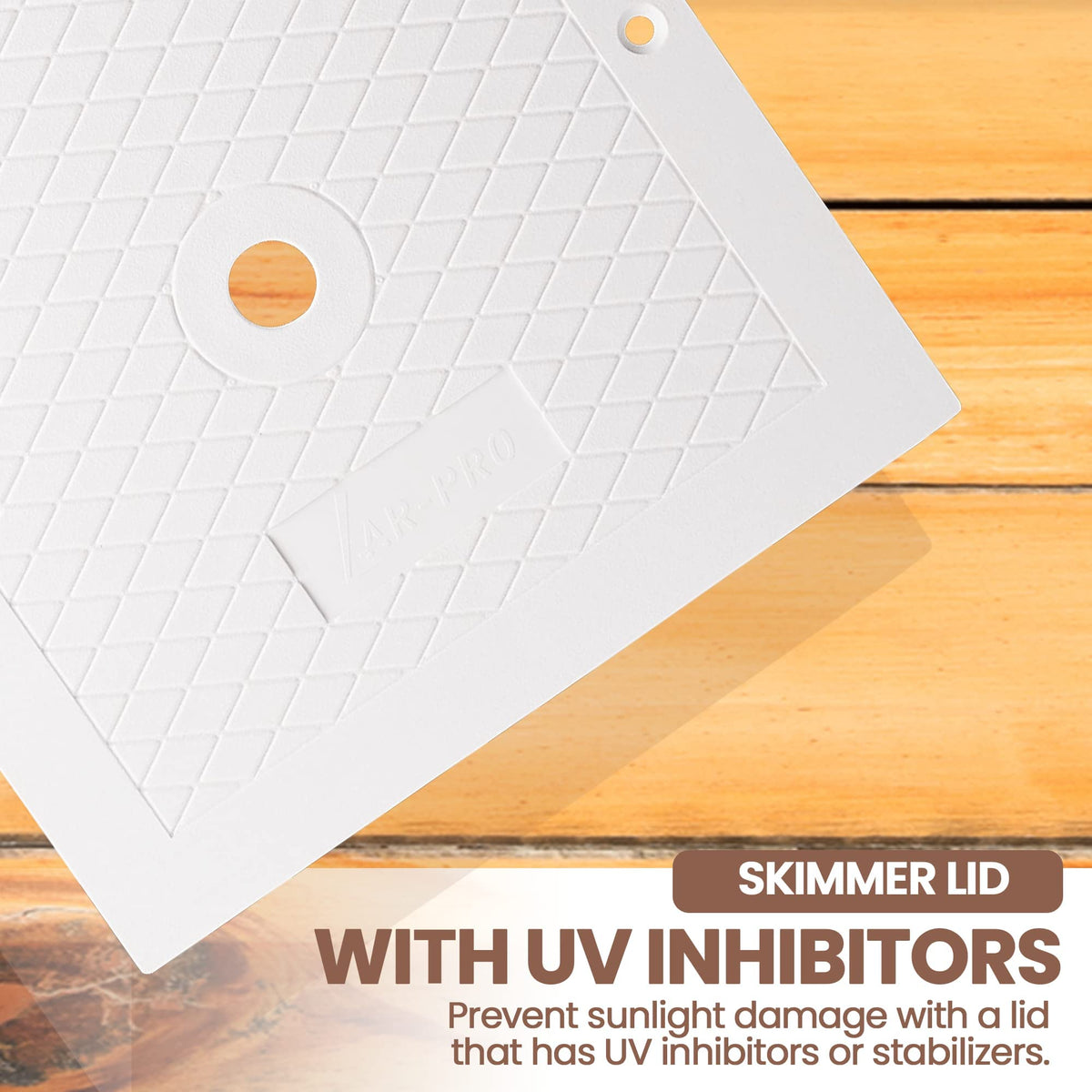 AR-PRO skimmer lid with bottom lip 8-1/4 inches and screw spacing 9-1/4.