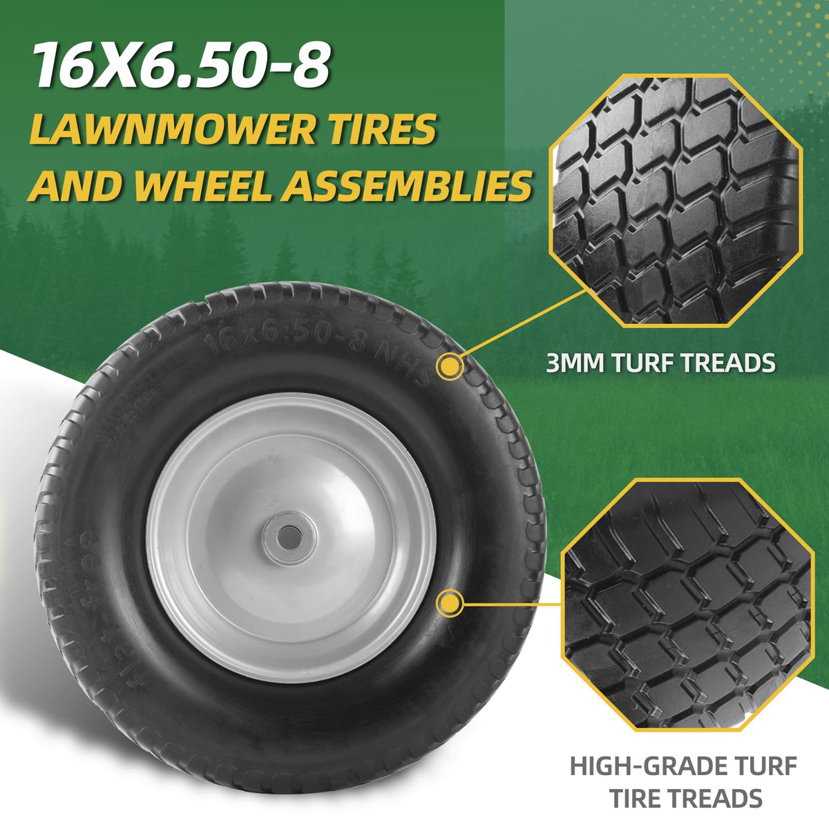 AR-PRO solid rubber tire for puncture resistance during yard work.