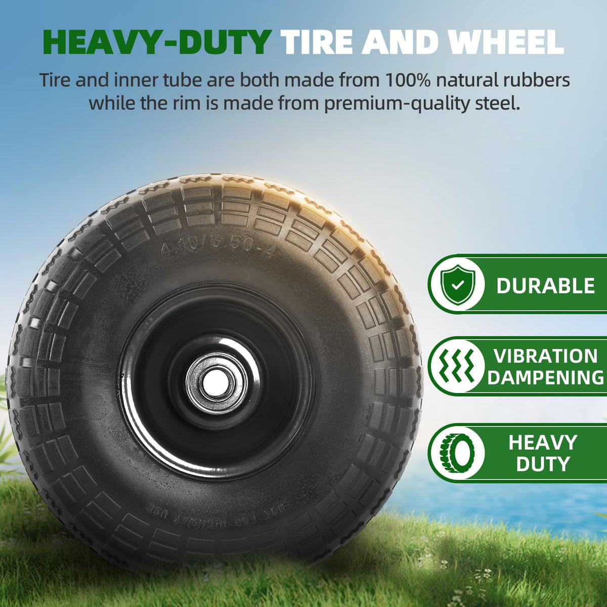 AR-PRO steel rim and hub provide durable support for heavy loads.