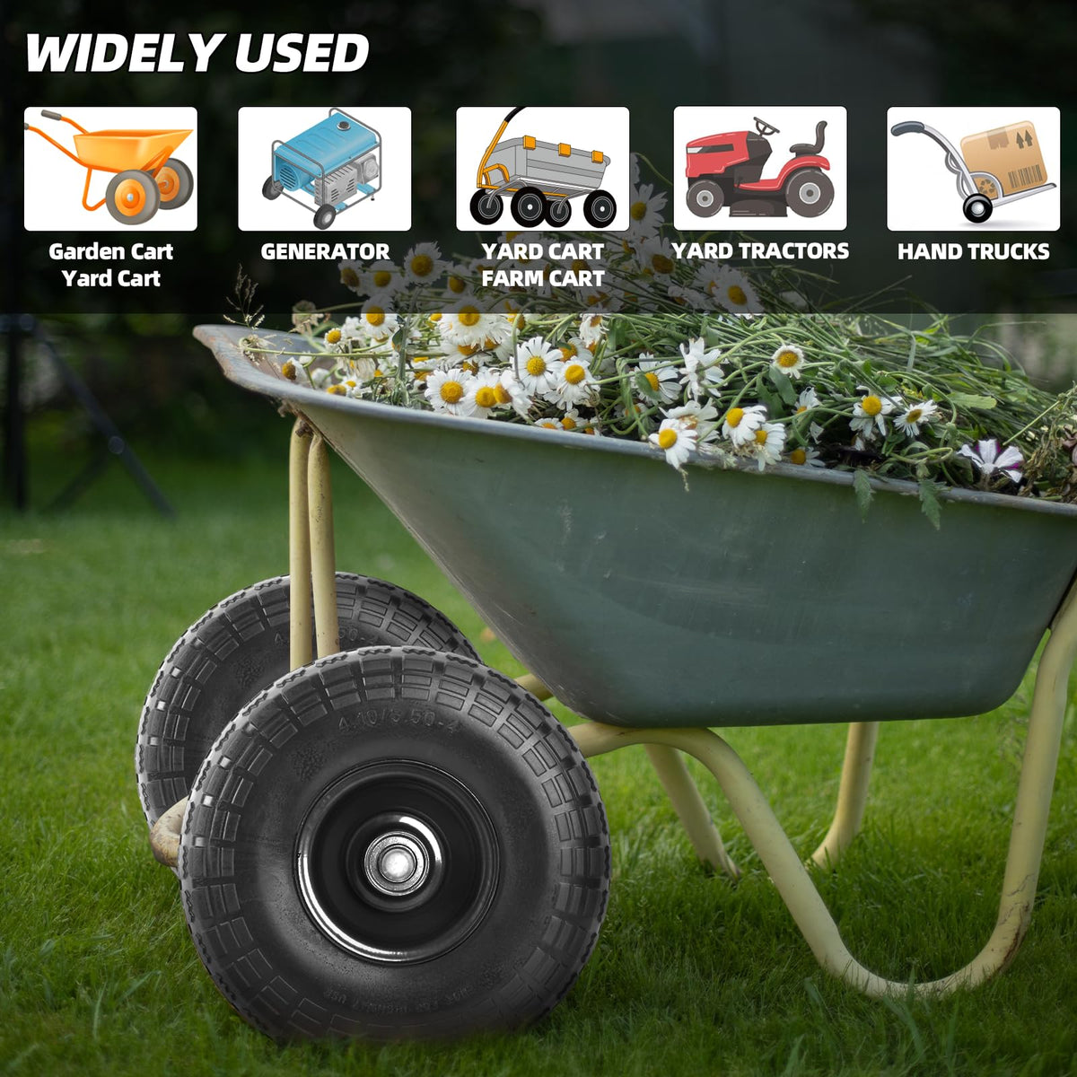 AR-PRO universal-fit wheels ideal for garden carts, dollies, and generators.