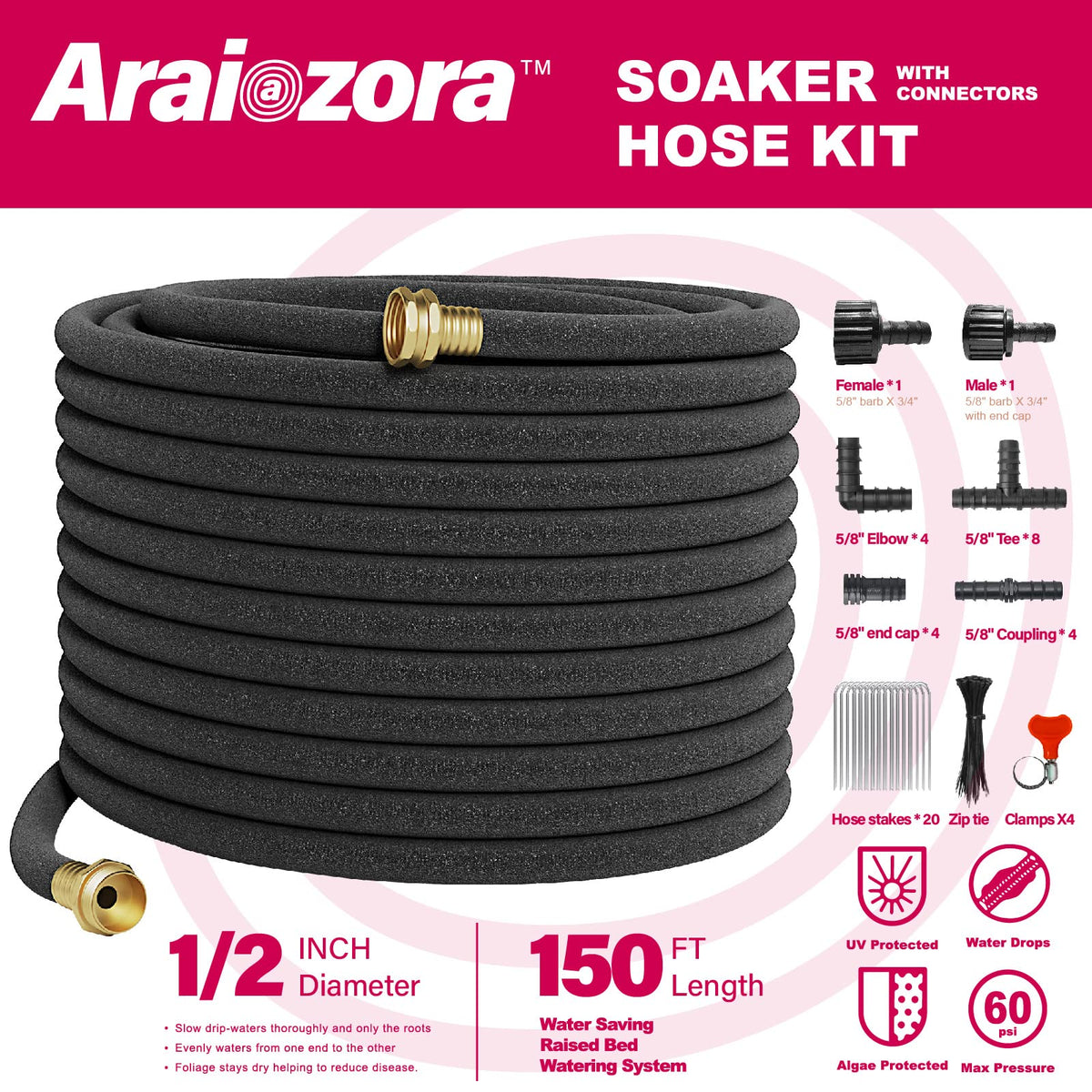 Araiozora brass connectors shown on hose for secure, long-lasting connections.
