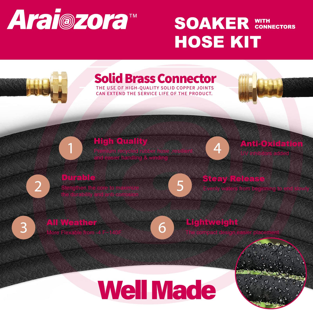 Araiozora hose laid along flower beds for deep root watering.