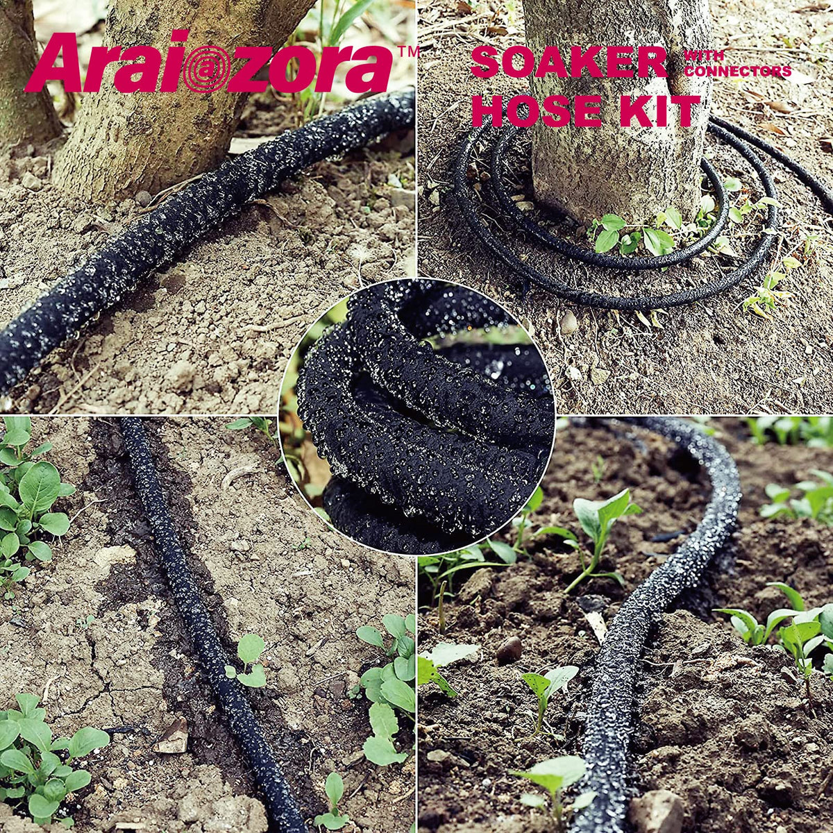 In-use Araiozora soaker hose watering a vegetable patch at dawn.