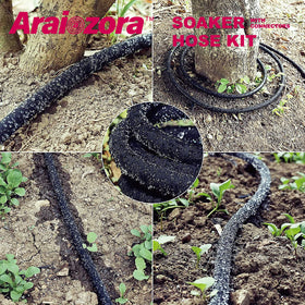In-use Araiozora soaker hose watering a vegetable patch at dawn.