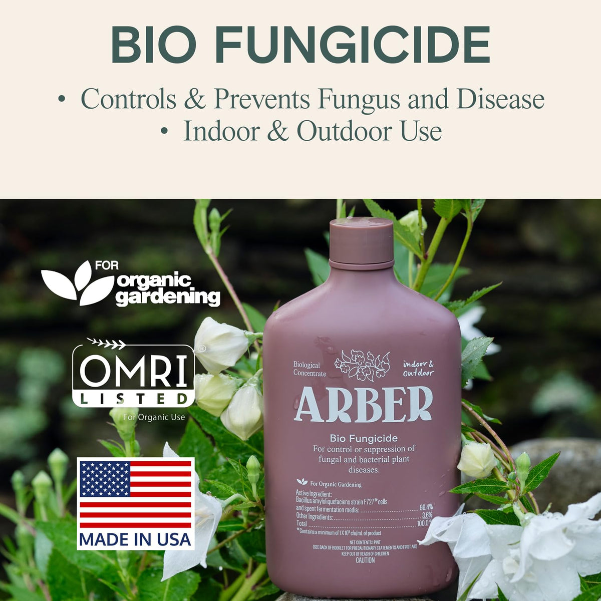 ARBER Organic Fungicide being sprayed on leaves for easy application and prevention.