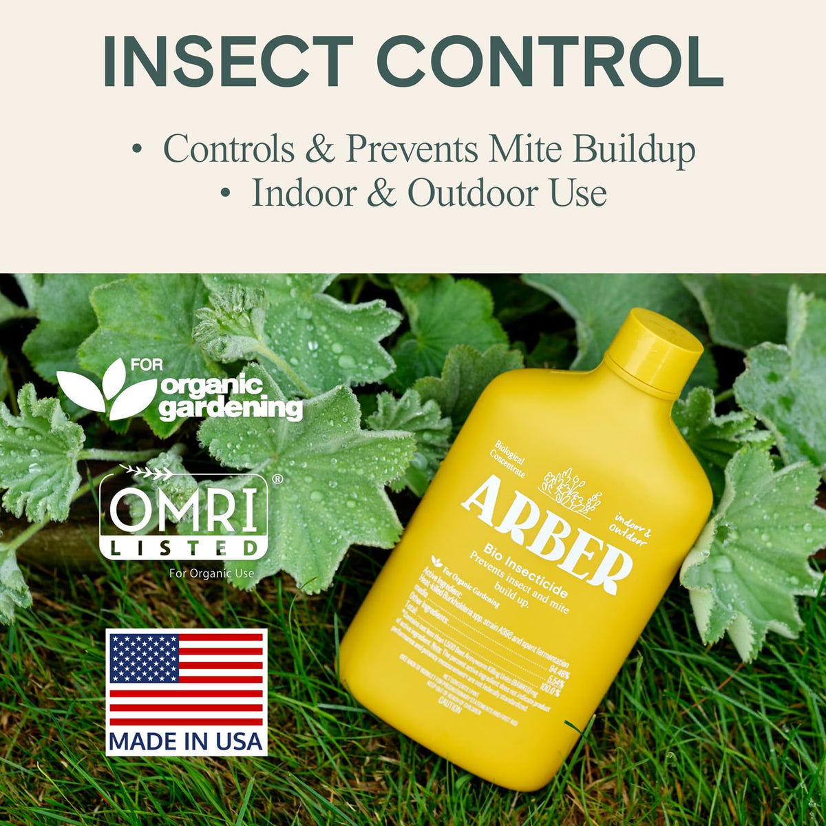ARBER Organic Insecticide Liquid Concentrate close-up on leaves shows pest control action