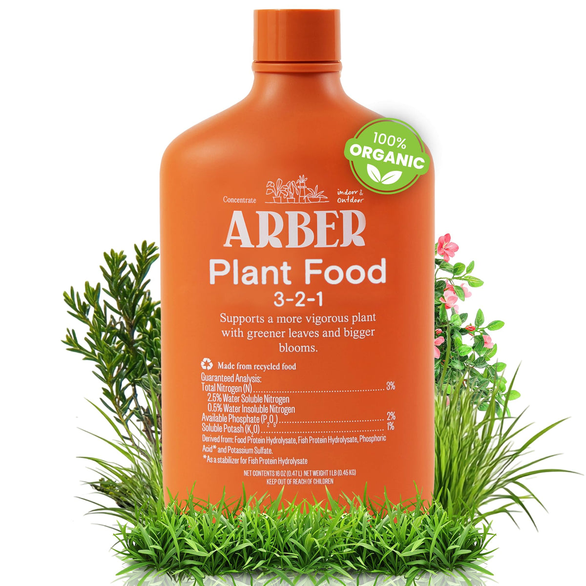 ARBER Organic Plant Food bottle pour shows precise dosing for stronger roots.