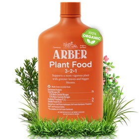 ARBER Organic Plant Food bottle pour shows precise dosing for stronger roots.
