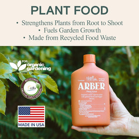 ARBER Organic Plant Food label closeup highlights organic certification and clean nutrition.