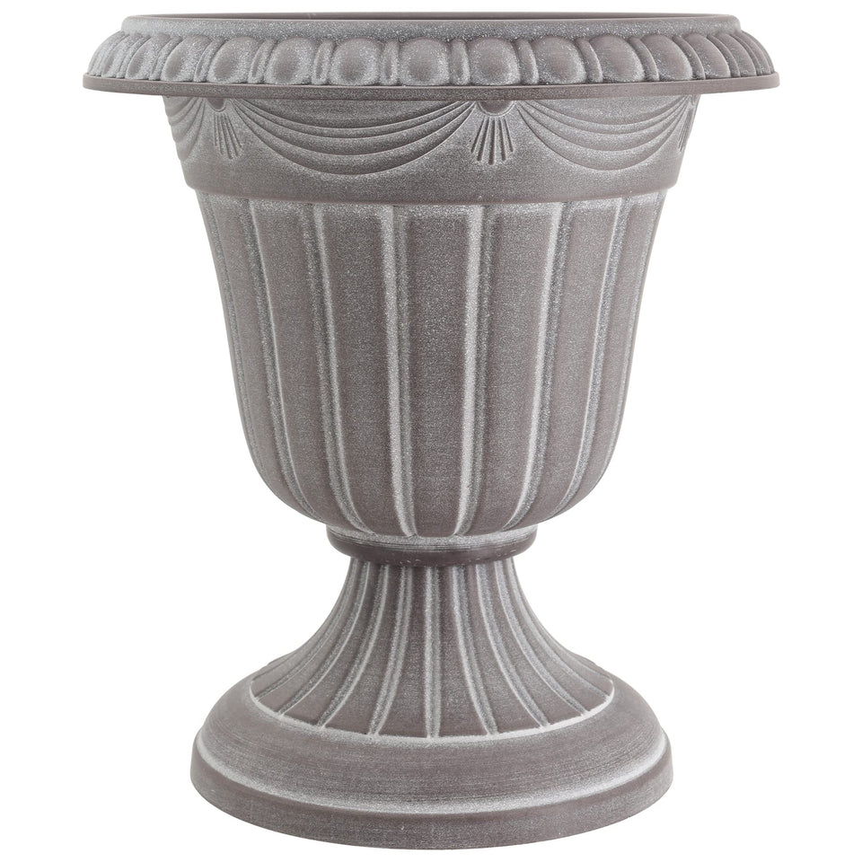 Arcadia Classic urn front view with weather-ready white wash finish.