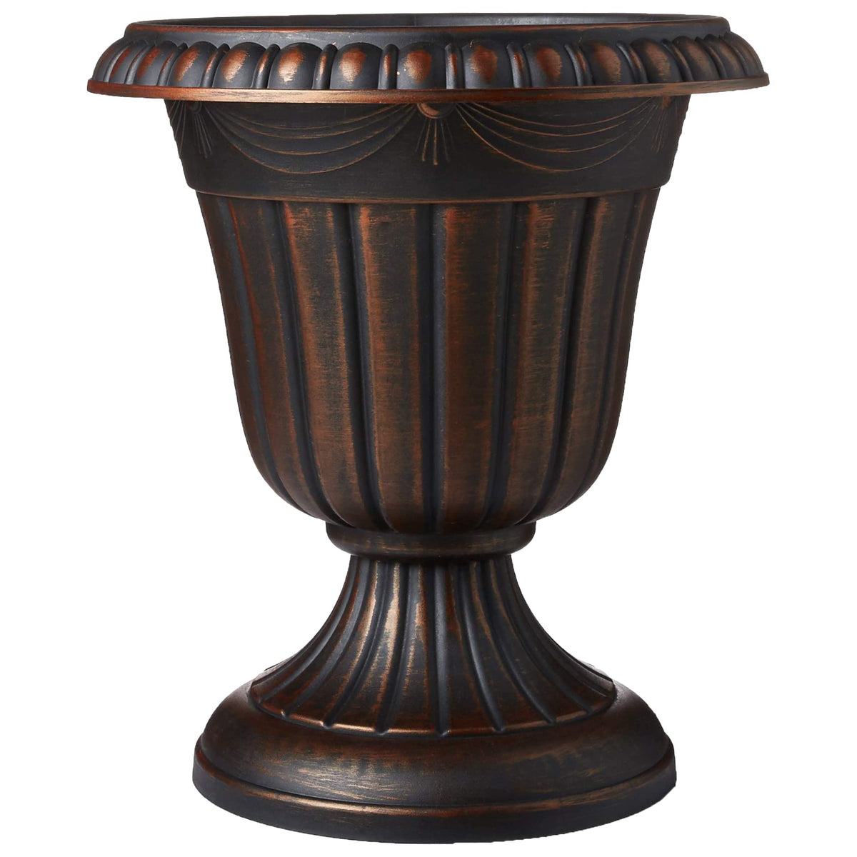Arcadia PL00CP classic urn in brushed copper with fluted design, perfect for porch displays.