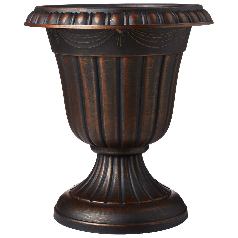 Arcadia PL00CP classic urn in brushed copper with fluted design, perfect for porch displays.