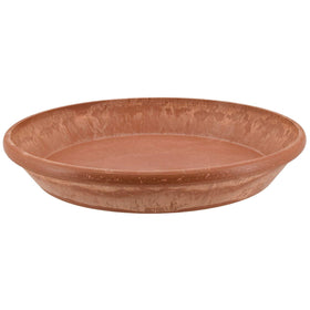 Arcadia PSW 12-inch terra cotta marble plant saucer under a pot protecting surfaces from excess water.