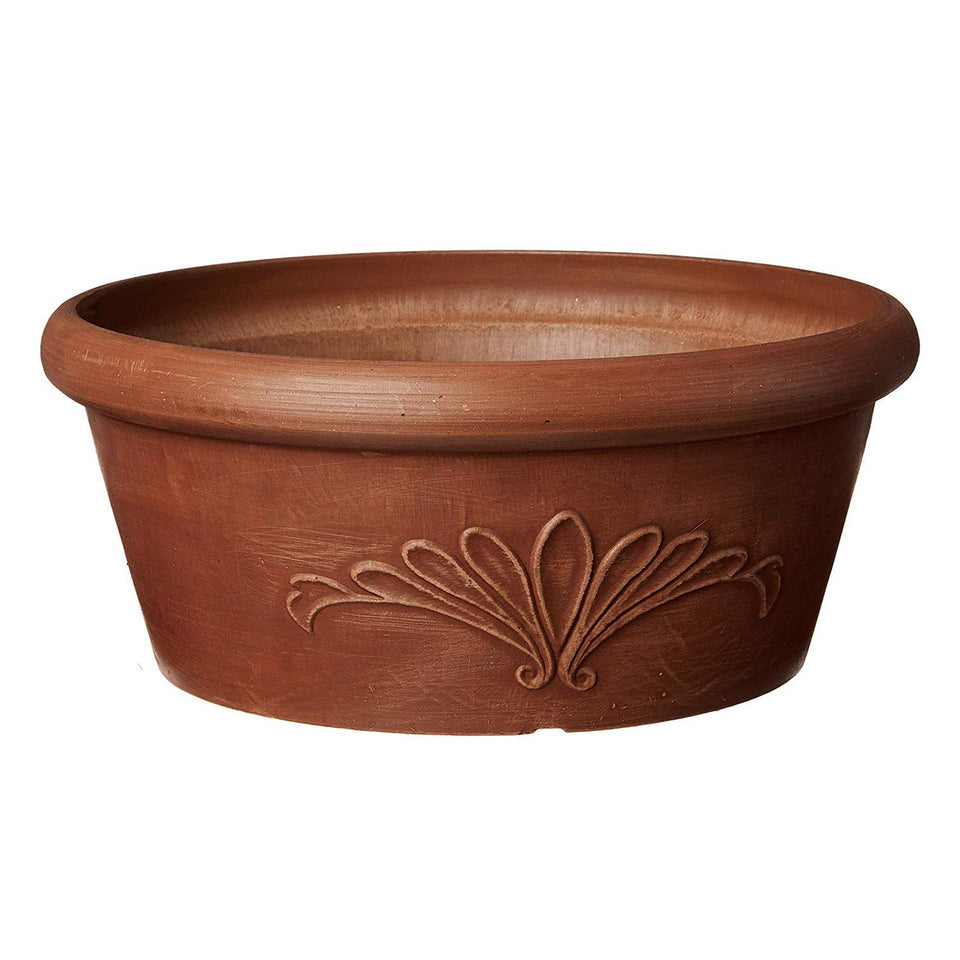 Arcadia PSW TA25TC bulb pan top view in terracotta; shallow root design for bulbs and succulents.