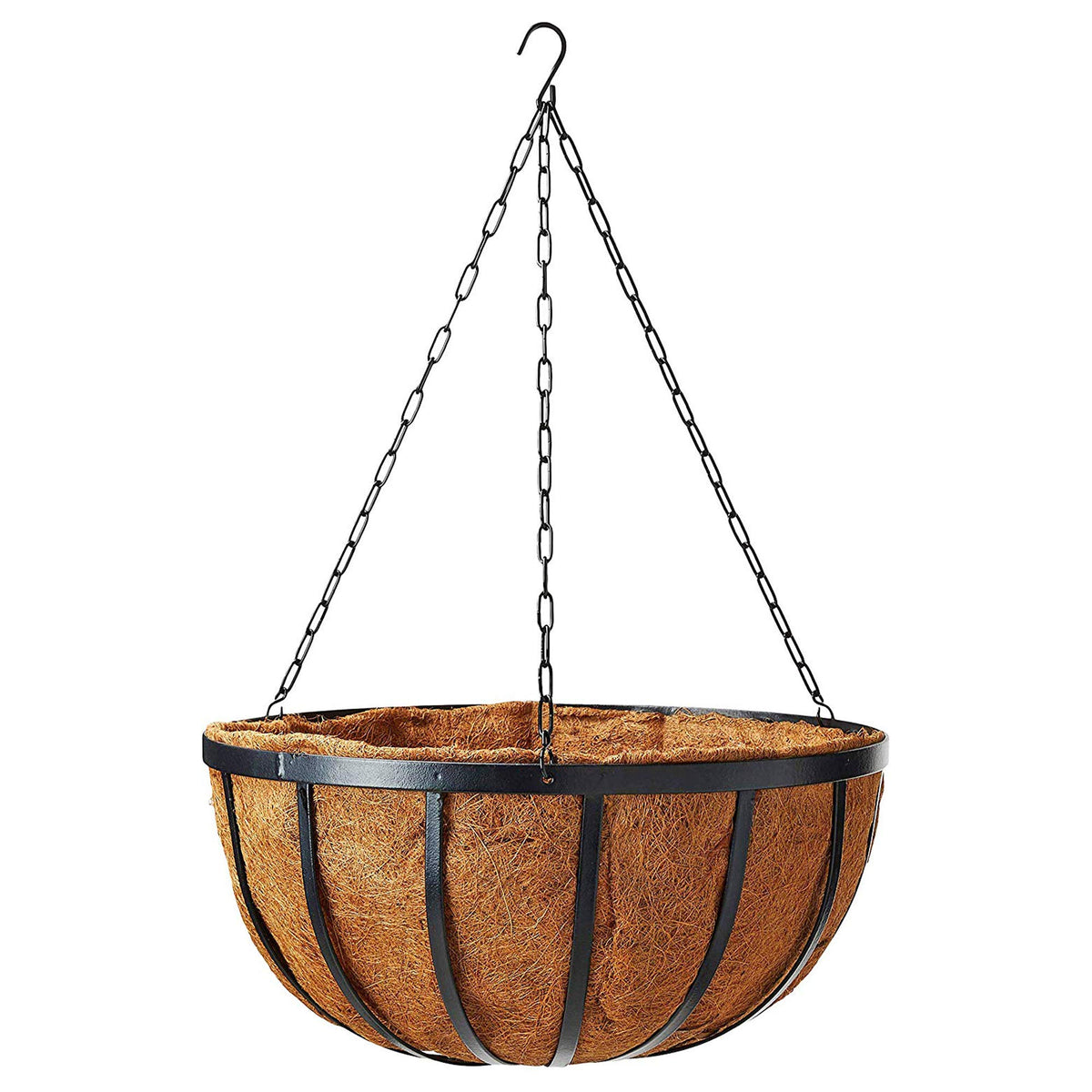 Arcadia Solstice 16in coconut hanging basket with a sturdy metal body for outdoor display.